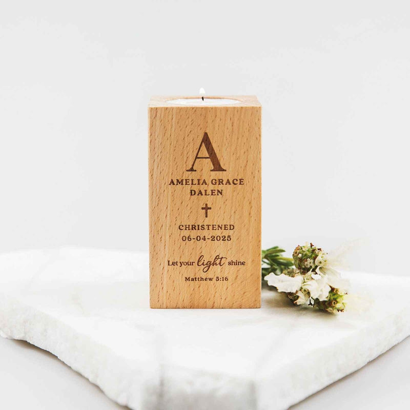 Custom Artwork Engraved Beech Wood Godparent Tealight Holder Christening Baptism Gift Favour